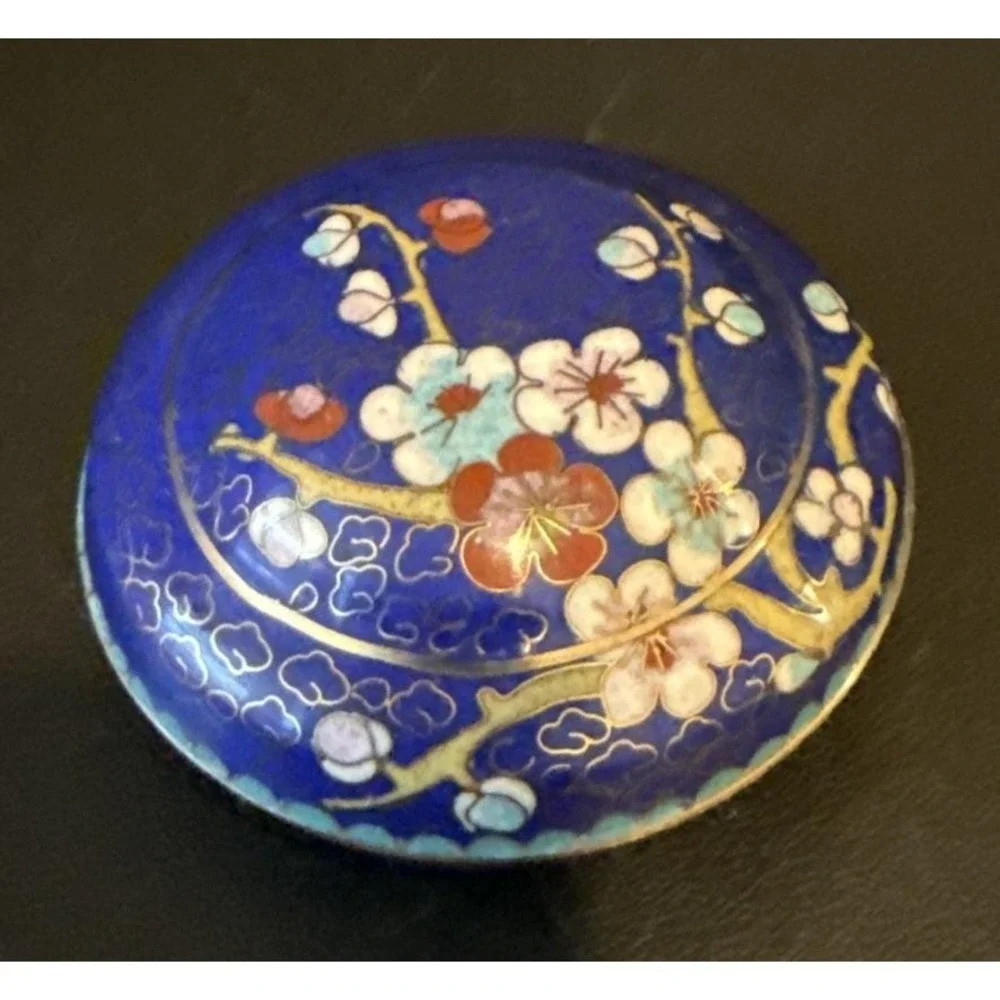Vintage‎ Blue Floral Cloisonné Enamel on Brass Round Lidded Trinket Jewelry Box